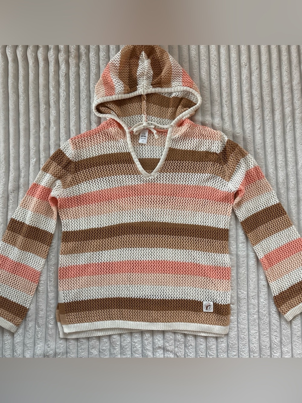 Buc-ee’s Medium Striped Open Knit Hooded Sweater Beach Coverup